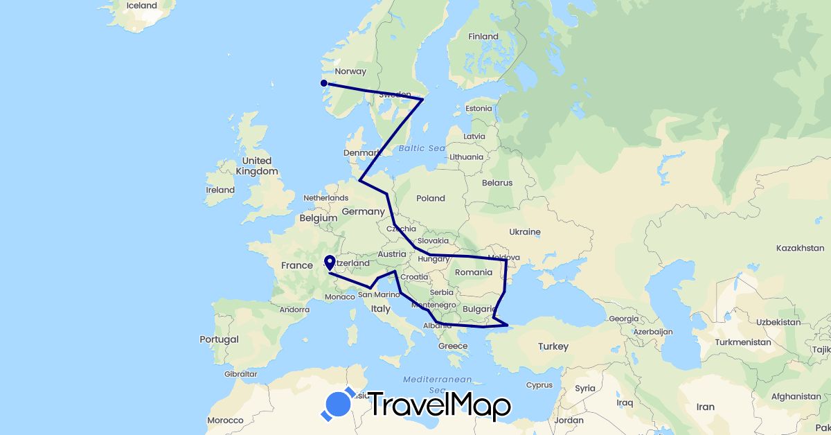 TravelMap itinerary: driving in Albania, Bulgaria, Czech Republic, Germany, Denmark, France, Greece, Croatia, Hungary, Italy, Moldova, Montenegro, Macedonia, Norway, Romania, Sweden, Slovenia, Slovakia, Turkey (Asia, Europe)